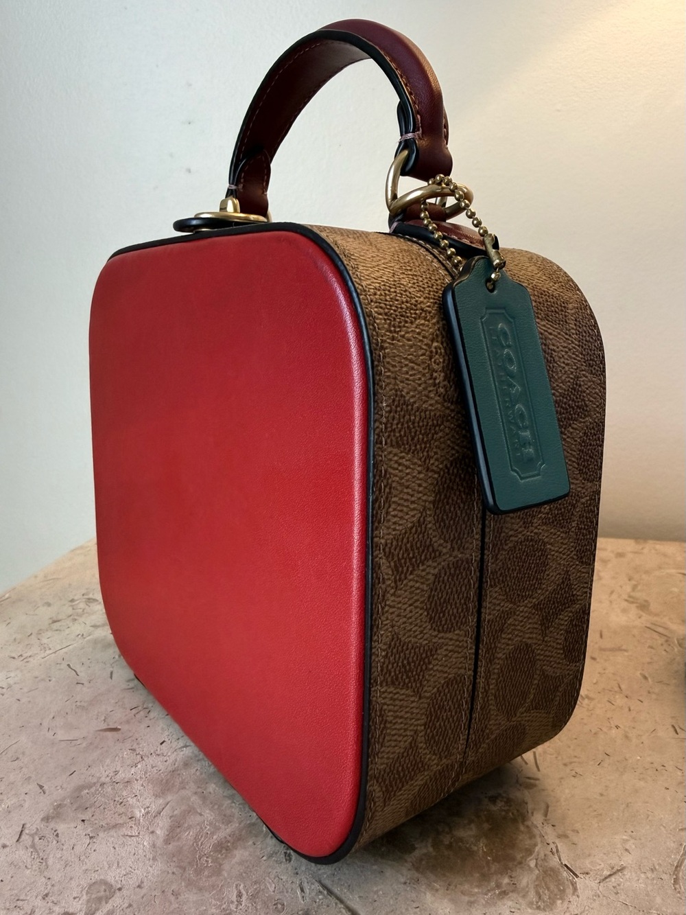 Coach Mini Box Bag in Red and Signature Brown with Green Tag